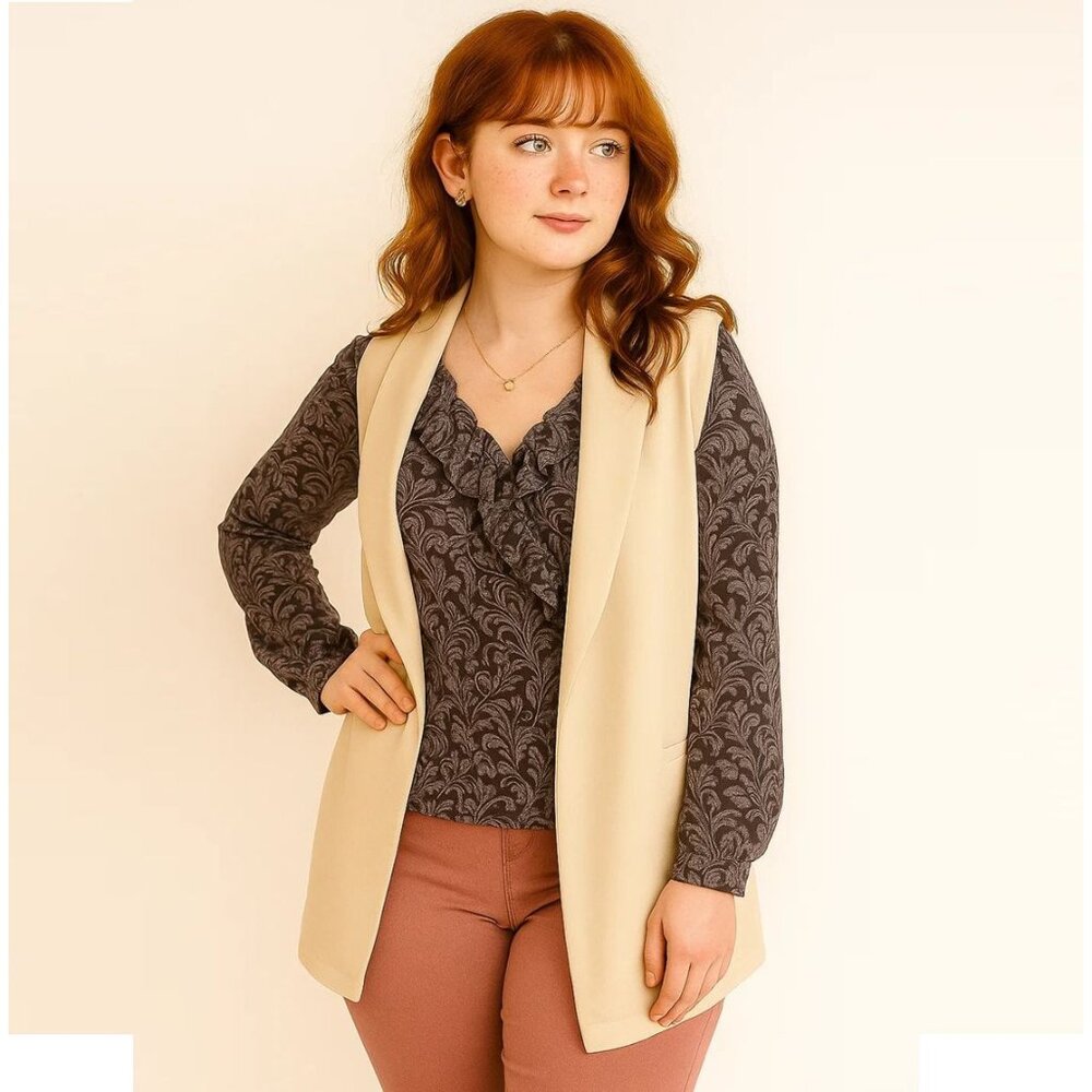 Open Front Collared Vest Womens 2XL Cream Beige Neutral Sleeveless